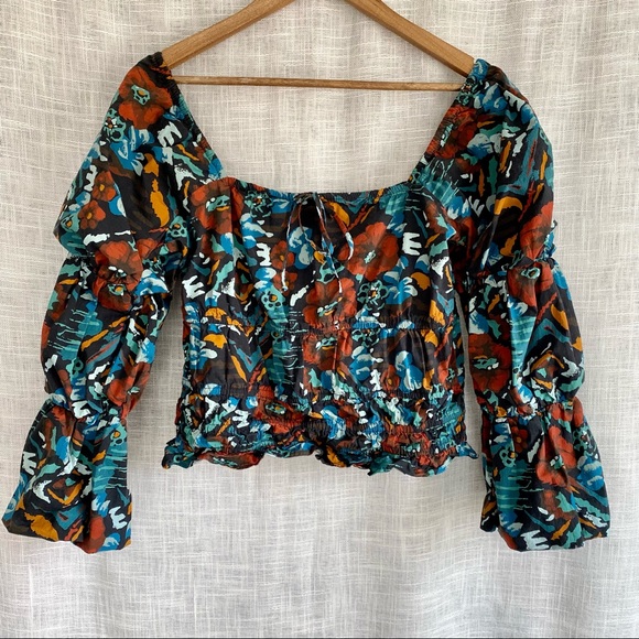 Anthropologie Tops - Anthropologie Puff Sleeve Floral Crop Top Porridge Blue Orange Large